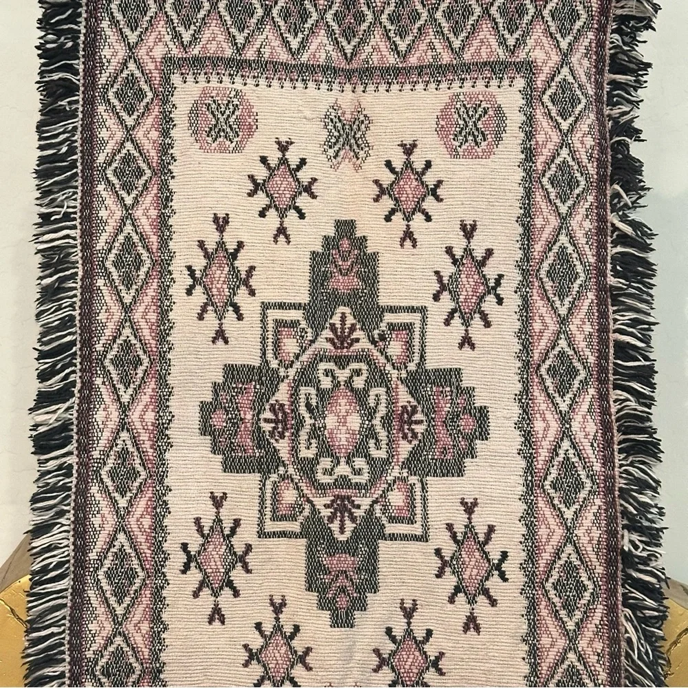 Vintage geometric pattern cotton Woven Textile Table runner/rug w/ fringe trim